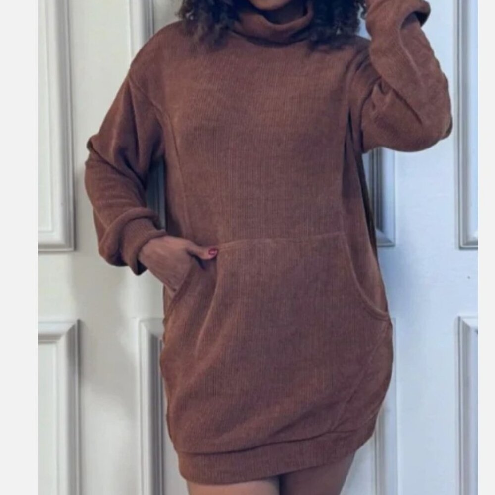 Amazing Lace Sweet Ribbed Turtleneck Knit Sweater Dress Chestnut Medium Pocket